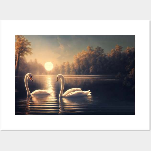 Two swans swim peacefully, Protect the environment design Wall Art by DyeruArt